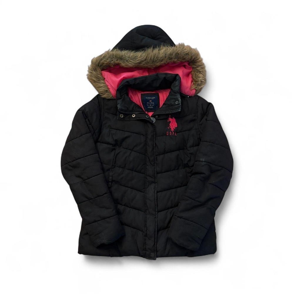 US Polo Assn Womens Black Puffer Jacket Faux Fur Hood Pink Lining Size M
